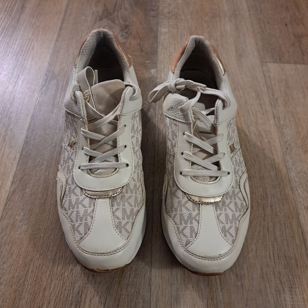 Michael Kors 'Raina' Sneakers White Beige Logo-jacquard Design Women's Size 10M
